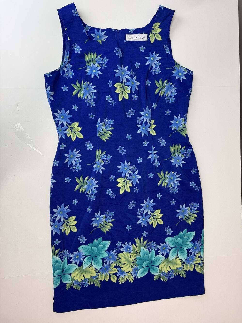 Vintage Y2K Sag Harbor Sleeveless Floral Sheath Dress Cobalt Blue Tropical 12